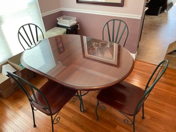 Oval 40x60' Dark Cherry Dining Table, Glass Top & 4 Chairs, Cherry & Green Wrought Iron, 2 Leaves