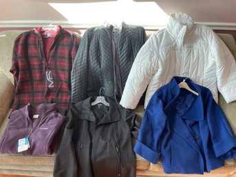 6 Pc Lot Womens Lg Or XL Jackets: Quilted Dennis Basso, Mac Russo, White Tally-Ho Coat, Chaus Blue Swing Coat