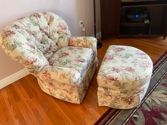 Beautiful And Comfortable Over-Stuffed Floral Armchair And Hassock