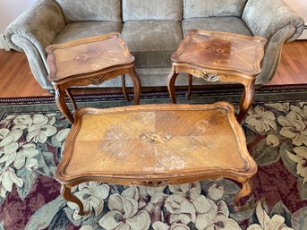 Queen Anne Coffee Table And 2 Side Tables Wood Flower Inlay Veneer, Wear On Tops, Great Project