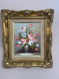 S. BANTON SIGNED Oil Painting ON BOARD, FLORAL STILL LIFE, Ornate Gold Wood Frame, 13.5x15.5'