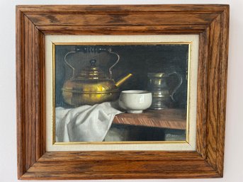 Framed Original Oil Painting, Still Life W Kettle And Tankard, By Clifford Geary 18x15