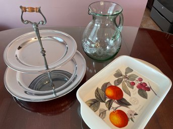 Lot Of 3: KROMEX Heritage House Mid Century Chrome Dessert Tray, Etched Water Pitcher, Kew Royal Botanic Baker