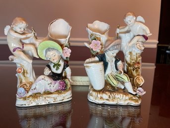 SET: Vintage Jadan Limited EdItion 52/161 Porcelain  Flower Vase Cherub Girl AND Cherub Boy 6 3/4'