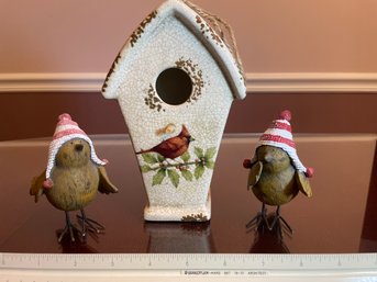 Lot Of 3: Ceramic Bird House W/crackle Glaze, 2 Resin Birds