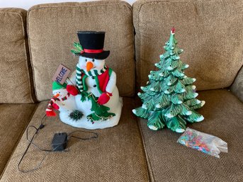 Light Up Christmas Snowman And Ceramic Tree