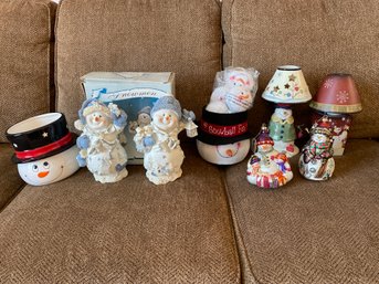 Ceramic Christmas Snowman Figurines And Games And Candleholders With Shades