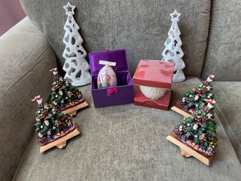 Christmas Ornaments 2 Ceramic Trees 4 Tree Stocking Holders La Bien Glass Angel