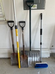 Garden Tools Including Snow Shovel, 2 Spades, Shop Broom, 6' Extension Pole