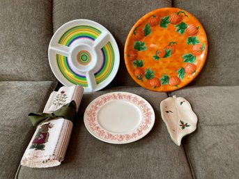 Lot Of Kitchen Serving Plates Including Mikasa And Wedgwood & 4 Christmas Placemats