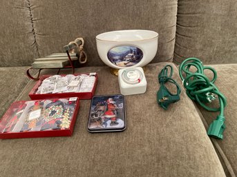 Small Christmas Lot Including Thomas Kinckade Bowl Small Sled Extension Cords Electric Timer & Labels