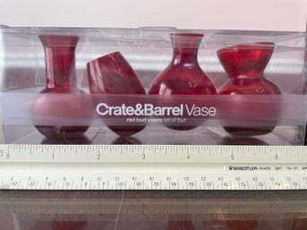 Set Of 4 Crate & Barrel Ruby Red Glass Bud Vases, Mouth Blown, NEW In Box