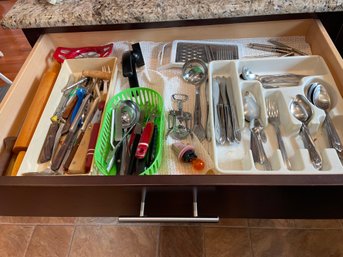 Kitcen Drawer Full Of Utensils Knives Forks Spoons Sharpener Rolling Pin