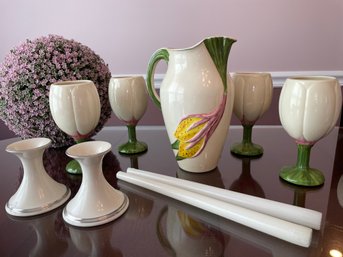 SPRING: Pair Of LENNOX Candlestick Holders, And Ceramic Tulip Iced Tea Set Handpainted Pitcher And Stemware