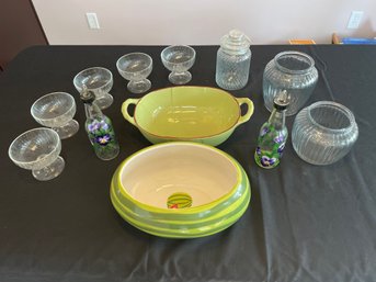 Ceramic Watermelon Serving Set Includes 5 Dessert Dish Stemmed Bowls Oil Vinegar Decanters Vases & Glass Jar