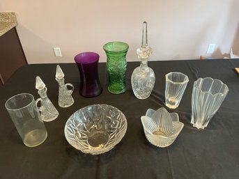 Lot Of Tiffany Crystal Bowl, Vases, Glass Decanter & Stopper, Oil & Vinegar Cruets