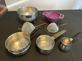 Lot Of 2 Stainless Steel Pots, 2 Colanders, 2 Strainers, Milk Frothing Steam Pitcher,