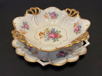 Vintage Jlmenau Graf Von Henneberg German Porcelain Centerpiece Bowl & Hand Enameled Dish