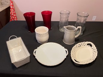 Lot Of 9 Glassware & Ceramic Vases Plates Pitcher And Bernardaud Porcelain Playe