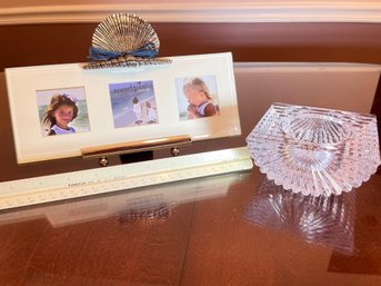 Four Inch Crystal Mikasa Heavy Votive Holder, And 10 Inch Mud Pie Beveled Glass Picture Frame For 2 X 2 Photo