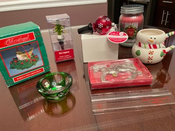 Lot Of 7 Christmas Goods: 2 Bottle Stoppers (one Lights Up) Mug, Candle, Lead Crystal Ring Holder, Ornaments