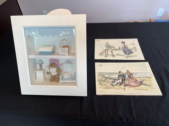 Decorative Wall Hangings 3-D Box With Bear In Bedroom And Two 19 Century Engravings