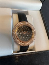 Women's Burgi Swarovski Crystal Quartz Black Satin Leather Strap Watch