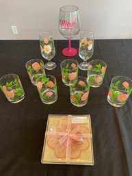 Pink Lot Of 11 Items: 7  Glasses 2 Stem Drinking Glasses Candle Dish & Large Novelty Plastic Wine Glass