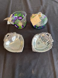 2 F.B. ROGERS SILVER PLATE HEART SHAPE TRINKET TRAYs And Handpainted Creamer And Sugar Bowl