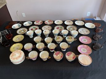 Lot Of 48 Antique Vintage Teacup Bone China Some Matching Saucers Wood  Display Holders