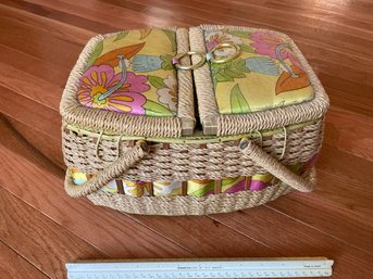 A Tisket A Tasket A Vintage Flower Sewing Basket. Plastic Shelf For Small Objects, Lined And Quilted Interior