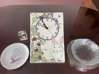 Spring Lot: Ceramic Handpainted Clock, Glass Dishes, Precious Moments March Plate And Butterfly Block