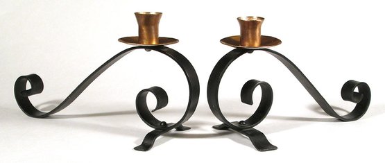 VINTAGE PAIR OF COPPER AND IRON CANDLESTICKS, MID 20TH CENTURY