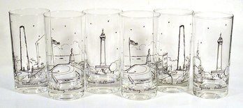 SET OF SIX VINTAGE TUMBLERS OR HIGHBALL GLASSES WITH SCENES OF BALTIMORE, MID 20TH CENTURY