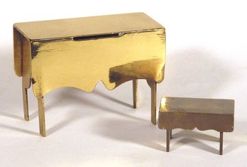 ANTIQUE FOLK ART HANDMADE BRASS BANK IN THE FORM OF A TABLE AND STOOL, 19TH - EARLY 20TH CENTURY