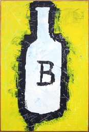 LARGE CONTEMPORARY OIL PAINTING WITH COLLAGE, DEPICTING A BOTTLE, 20TH - 21ST CENTURY