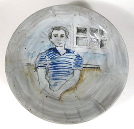 VINTAGE STUDIO POTTERY BOWL DEPICTING A BOY IN STRIPED SHIRT, SIGNED 'EDGE,' MID-TO-LATE 20TH CENTURY