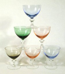 SIX VINTAGE COCKTAIL STEMS IN VARIOUS COLORS, EARLY-TO-MID 20TH CENTURY