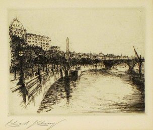 EDWARD CHERRY (BRITISH, 1886 - 1960): 'CLEOPATRA'S NEEDLE ON THAMES EMBANKMENT,' SIGNED ETCHING, EARLY 20TH C.