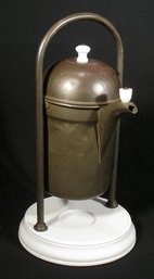 UNUSUAL ANTIQUE BRASS COFFEE PERCOLATOR/WARMER ON PORCELAIN STAND, 19TH CENTURY