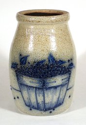 VINTAGE SPOON JAR/CROCK IN THE BLUEBERRY BASKET PATTERN BY SALMON FALLS STONEWARE, 1988