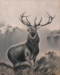 M. MARTIN (AMERICAN, 19TH CENTURY): 'ELK IN LANDSCAPE,' CHARCOAL/PASTEL ON PAPER, 1881