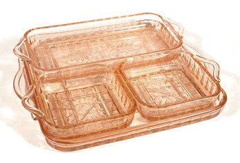 SCARCE PINK DEPRESSION GLASS RELISH SET IN THE DORIC PATTERN BY JEANNETTE, 1935 - 1938