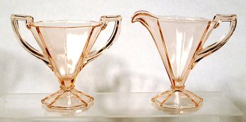 THREE PIECES OF DEPRESSION GLASS, INCLUDING A DOREEN CREAMER & SUGAR AND ADAM PITCHER, 1920s - 1930s