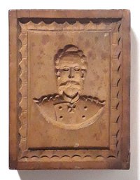 RARE ANTIQUE CARVED WOOD SPRINGERLE/CAKE BOARD DEPICTING GERMAN EMPEROR FREDERICK III, 1880s