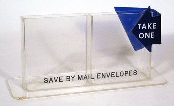 VINTAGE ACRYLIC/PLEXIGLASS 'SAVE BY MAIL ENVELOPES' HOLDER, CIRCA 1960s - 1970s