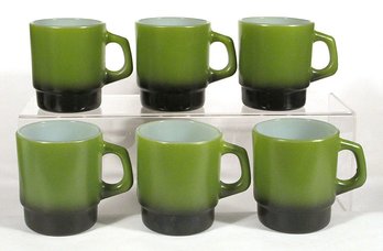 SIX VINTAGE STACKABLE FIRE-KING MUGS IN AVOCADO GREEN, 1960s - 1970s