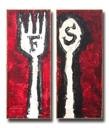 PAIR OF CONTEMPORARY OIL PAINTINGS WITH COLLAGE, DEPICTING A FORK AND SPOON, 20TH - 21ST CENTURY