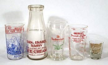 FIVE PIECES OF VINTAGE ADVERTISING GLASS WITH FIRED-ON DECORATION, EARLY-TO-MID 20TH CENTURY