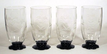 EIGHT VINTAGE CLEAR AND BLACK PETAL-FOOT DRINKING GLASSES/TUMBLERS BY WESTON OR FRY, 1920s - 1930s